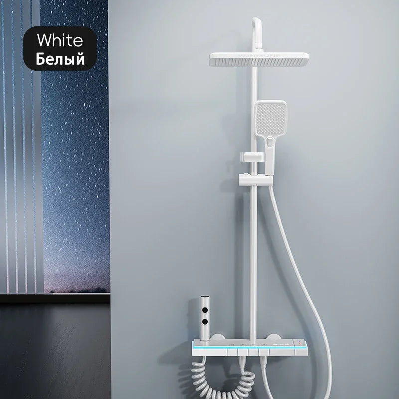 Shower System | Thermostatic Faucet | LED Display Rainfall Shower | Glass Panel