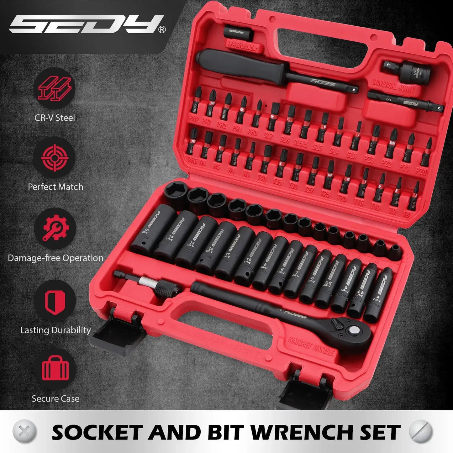 SEDY 64-Piece 1/4" Drive Impact Socket Wrench Driver-Bits Set Cr-V Metric&SAE Deep and Shallow Socket Set S2 Power Bits from PriceLows™