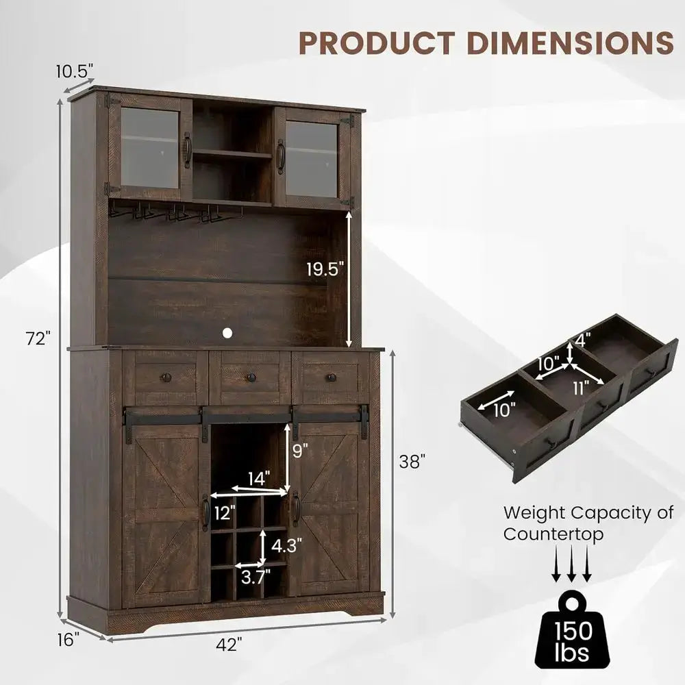 72 Coffee Bar Cabinet with Glass Doors & Wine Racks, Tall Pantry with Drawers and Sliding Barn Doors, Brown from PriceLows™