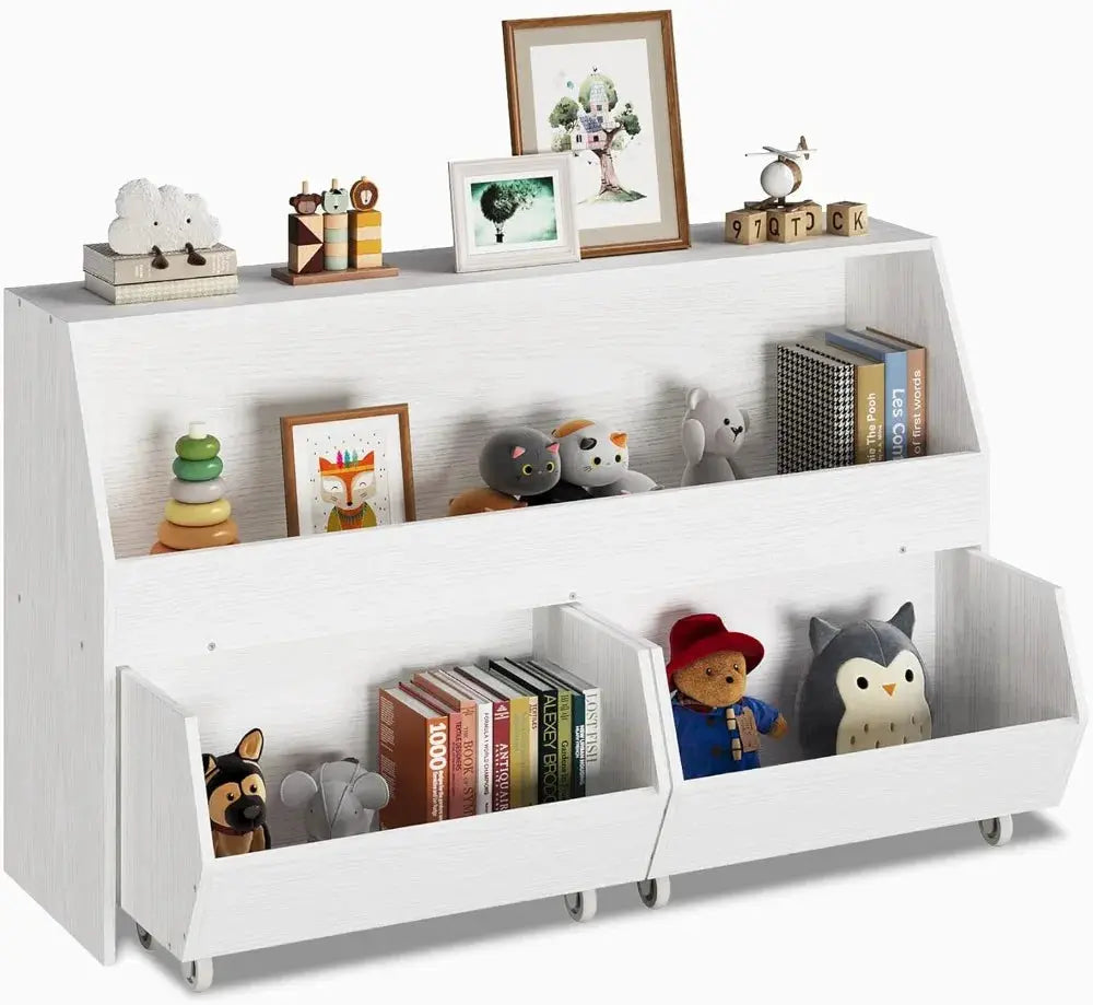 Large Toy Bin Bookcase with Two Drawers, Storage Cabinet on Wheels for Playroom, Bedroom, Nursery (White Oak, Regular) from PriceLows™