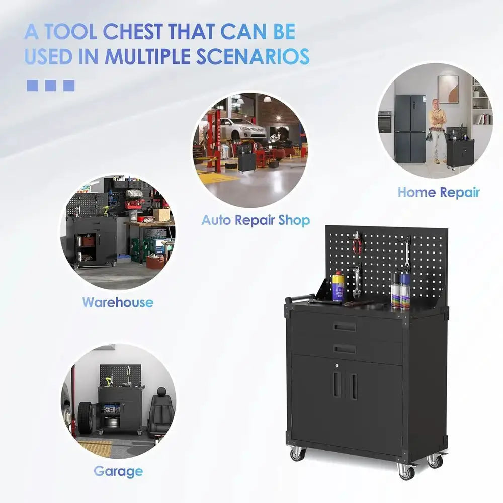 Heavy-Duty Metal Tool Cart with Wheels, 2 Drawers, Lockable Cabinet, and Pegboard Hooks for Garage/Workshop Storage from PriceLows™