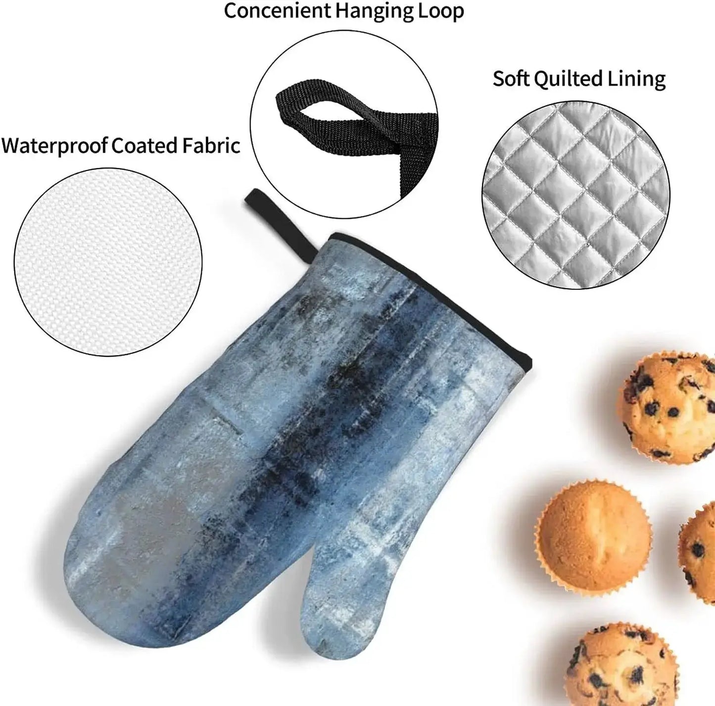 Oven Mitts Set | Abstract Art Blue Grey | Polyester Heat Resistant | 4-Piece Set