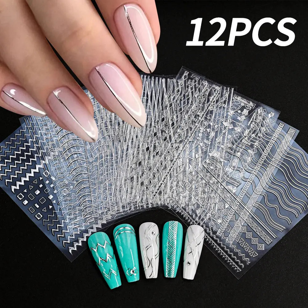 12Sheets Gold Metal Stripe Wave Nail Decals 3D Bronzing French Line/C Curve Stripe Nail Stickers 8*10cm Gold Line Nail Art Suppl from PriceLows™