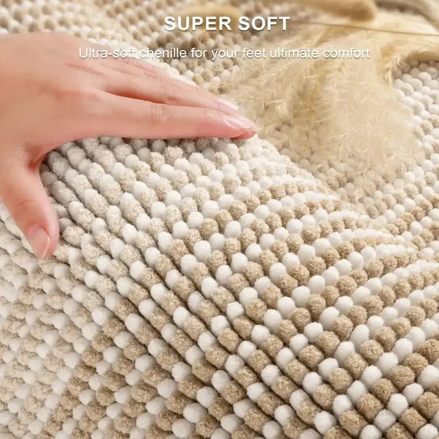 Bathroom Rugs Sets 3 Piece, Toilet Rugs UShaped Contour Bath Mat Set, Striped Absorbent Non Slip Chenille Shower Mat, Beige from PriceLows™