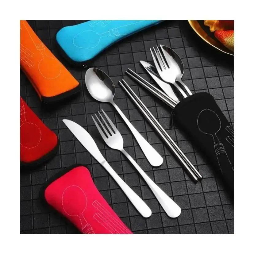 7/3 Pcs Stainless Steel Outdoor Camping Tableware Set Of Pieces Western Food Steak Knife Fork Spoon Creative Cloth Bag Portable from PriceLows™