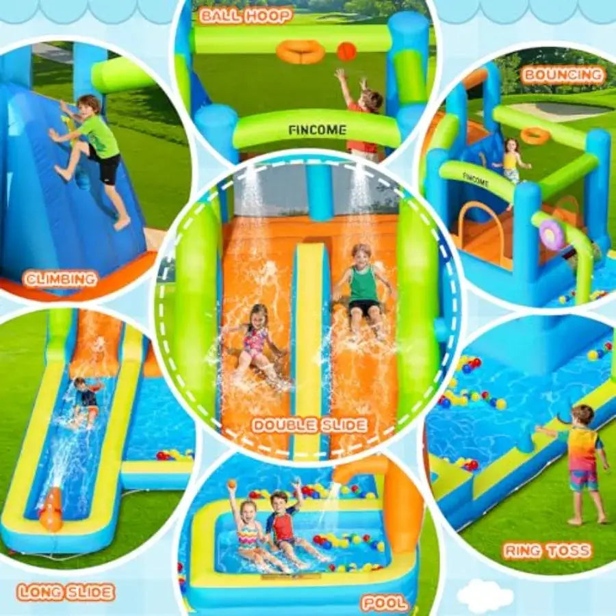 Large Inflatable Water Bouncy Castle with Double Slide for 3-10 Blue and Yellow Water Bounce House with Long Slide and Air Blow from PriceLows™