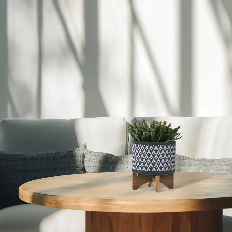 8" Gray Aztec Ceramic Planter on Wooden Stand from PriceLows™