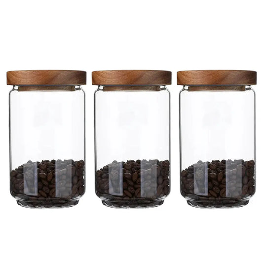 Glass Storage Jars with Wood Lid [Set of 3], 34OZ Airtight Food Containers Stackable for Coffee Beans/ Nuts/ Pasta/Cookie from PriceLows™