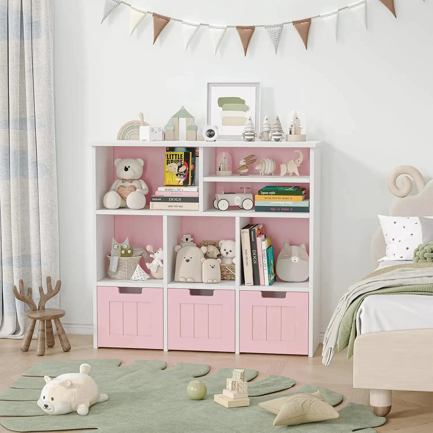 Kids Bookcase Toy Organizer White/Pink Storage Cabinet with 3 Movable Drawers Multi-Purpose Nursery & Playroom Furniture from PriceLows™