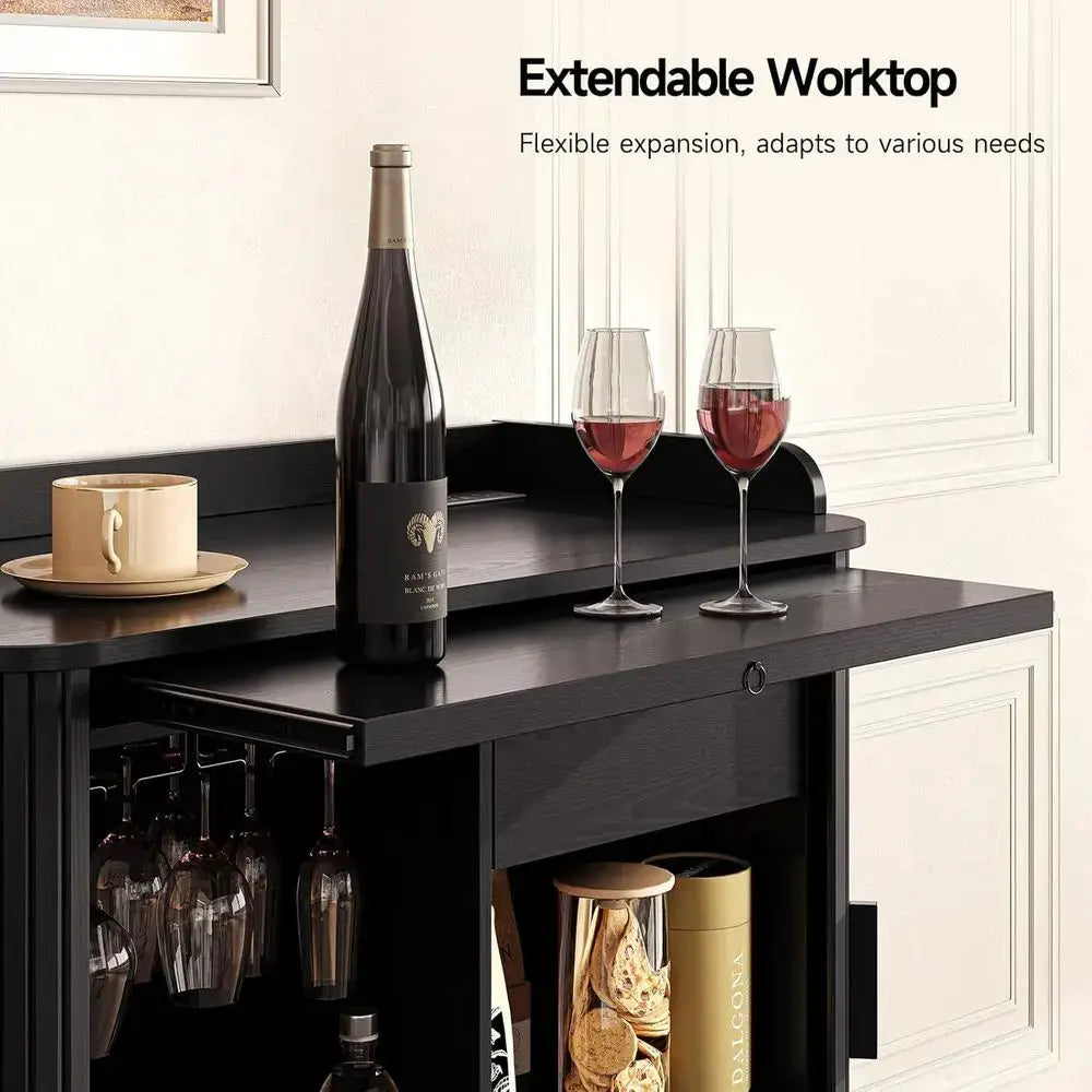 Modern Vintage Coffee Bar Cabinet with Storage, Wine Racks, and Glass Holder for Home Living Room Kitchen in Black from PriceLows™