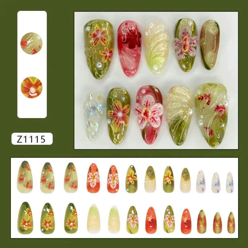 Press On Nails | Wine Red Blush | Flower Print | 24 Piece Set