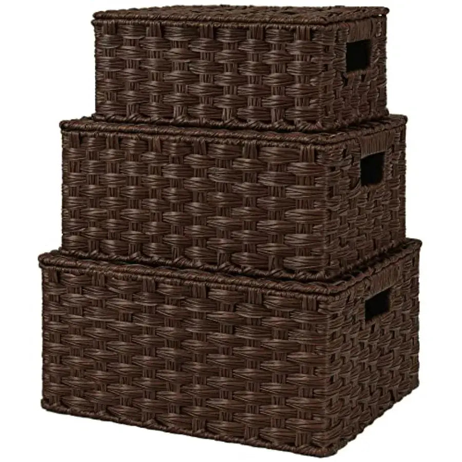 Wicker Baskets with Lids, Set of 3 Decorative Storage Boxes, Woven Basket for Organizing, Storage and Organizer Baskets from PriceLows™