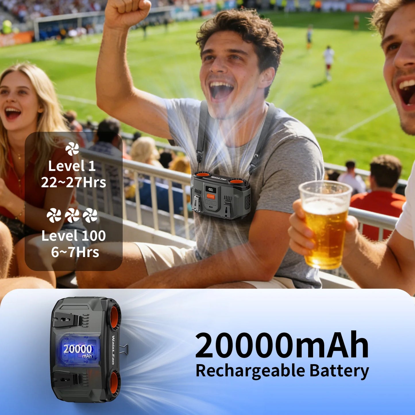 Waist Clip Fan | 20000mAh Battery | 20000 RPM Dual Motors | One Size