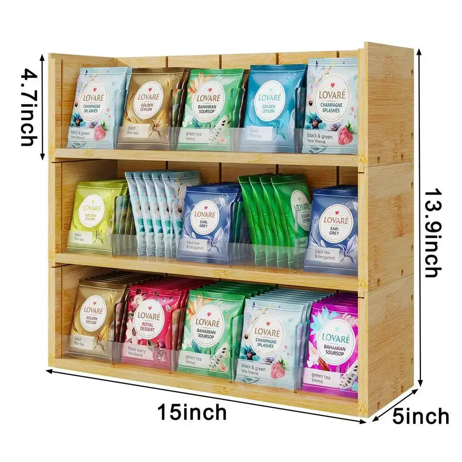 Bamboo Tea Bag Organizer Storage Box, 3 Tier Stackable Tea Bag Box Natural Wood, Wall Mount Tea Chests with Acrylic for tea bags from PriceLows™
