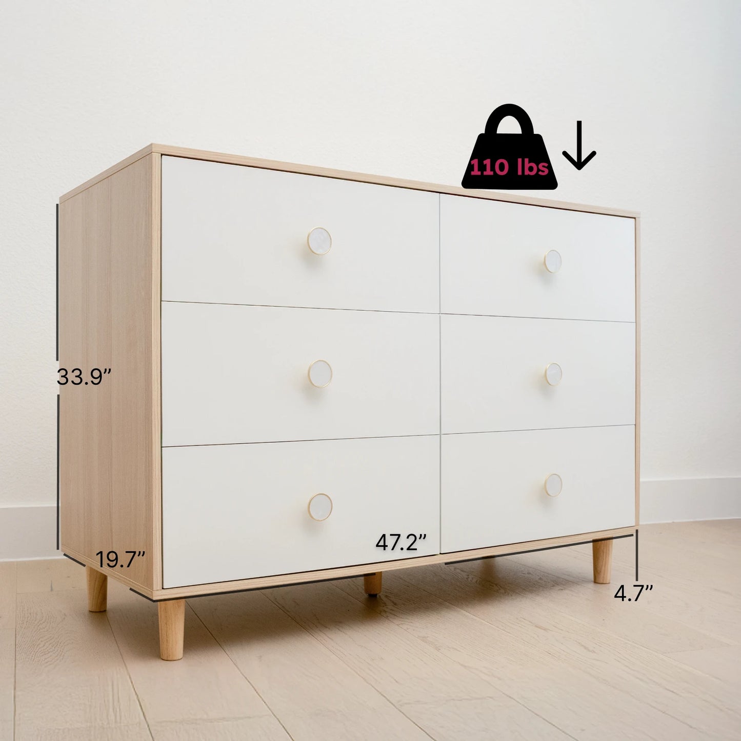 Baby Dresser | 6 Drawers | Solid Wood Legs | White Finish