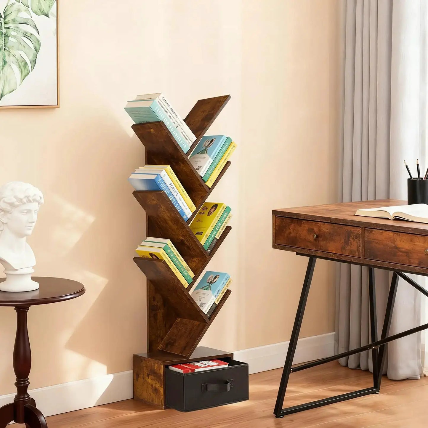 7 Tier Tree Bookshelf With Storage Drawer Floor Standing Bookcase For Books CDs Movies Brown from PriceLows™