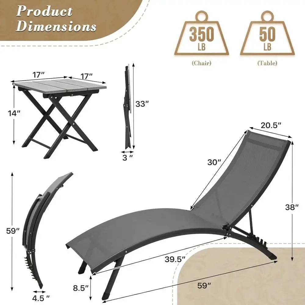 5-Level Adjustable Pool Lounge Chair with Side Table, Grey, Outdoor Sun Lounger for Patio and Poolside Comfort from PriceLows™