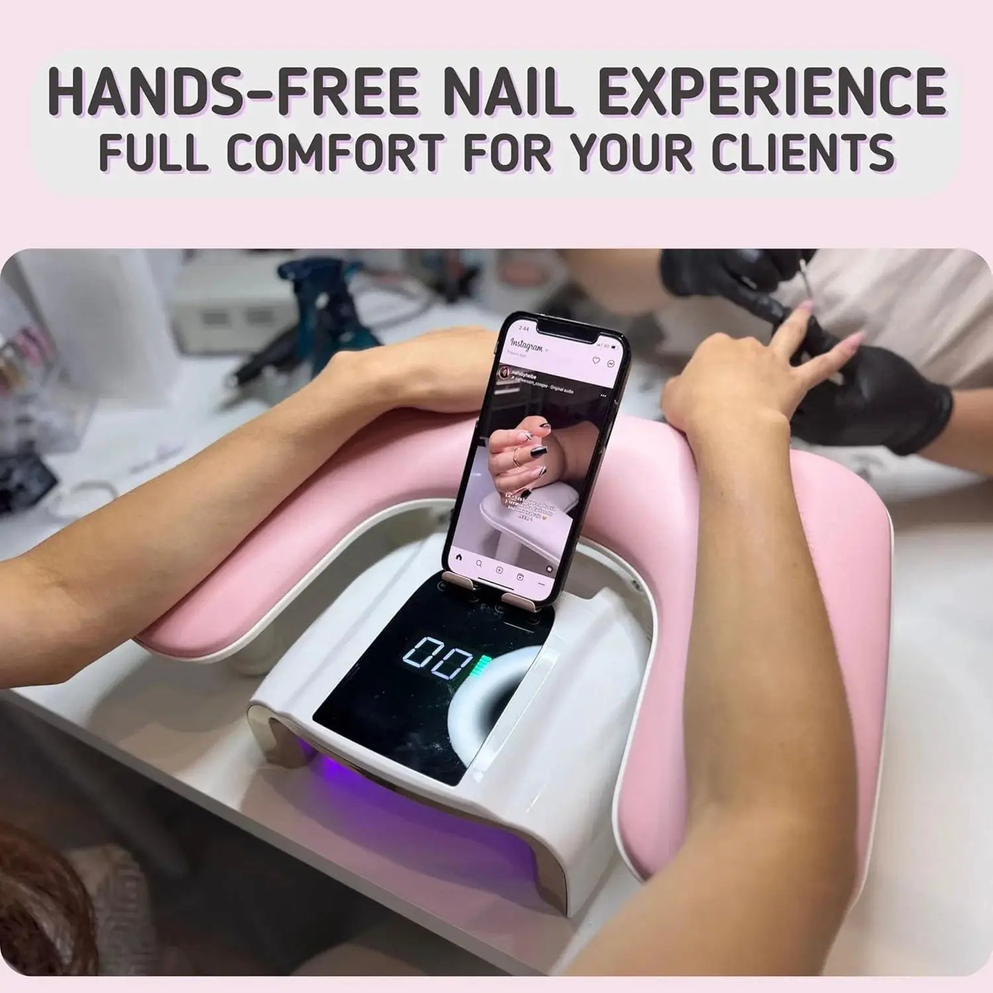 U-Shape Nail Arm Rest | Adjustable Height | PU Leather With Phone Holder