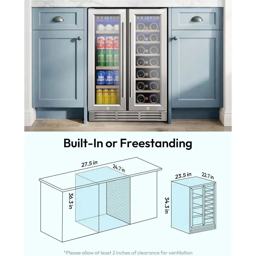 24 Dual Zone Wine & Beverage Cooler, Holds 21 Bottles + 88 Cans, Under-Counter Design with Blue LED Light from PriceLows™