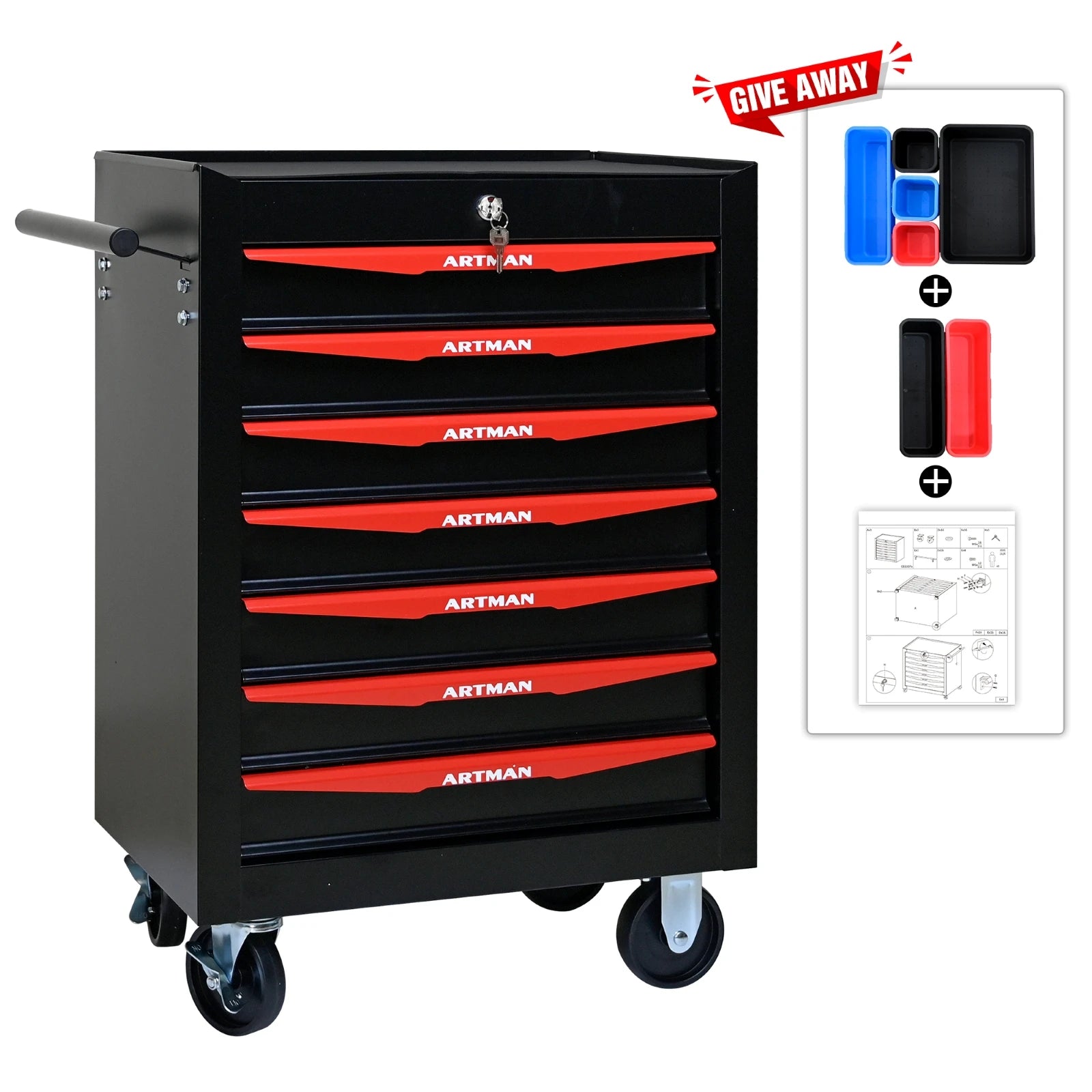 Rolling Metal Tool Chest with 7 Drawers, 20" 7-Drawer Tool Chest Cabinet with Ball Bearing Drawer Slides, Steel Tool Storage Box from PriceLows™