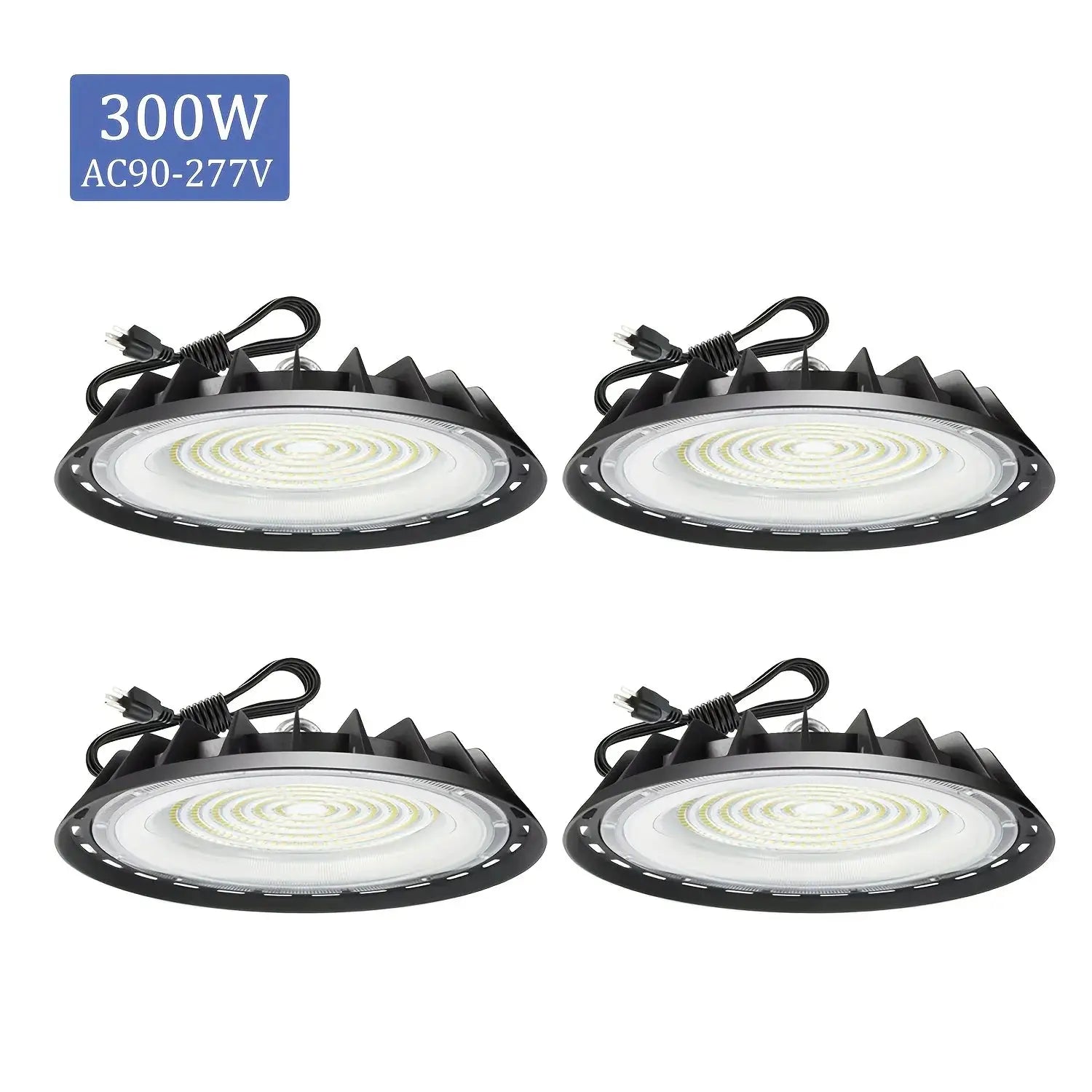4Pack 300W Led UFO High Bay Light, 90-277V, Cold White 6000K, with 4FT 120Cm US Plug, Led Commercial Lighting Fixtures, IP65, for Industrial Garage Workshop Gym Barn Warehouse Factory from PriceLows™