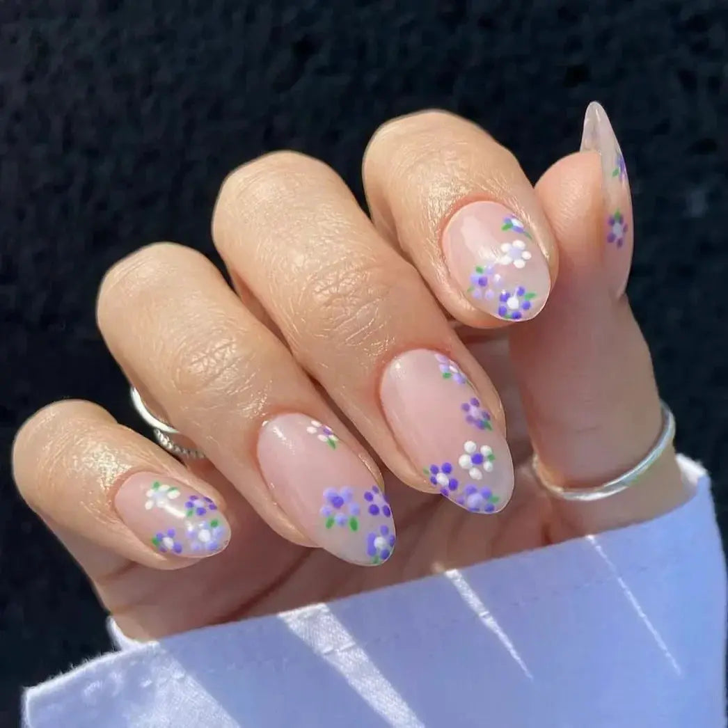 Short Almond Press On Nails | Pink Floral French | Reusable Full Cover | 24 Pcs