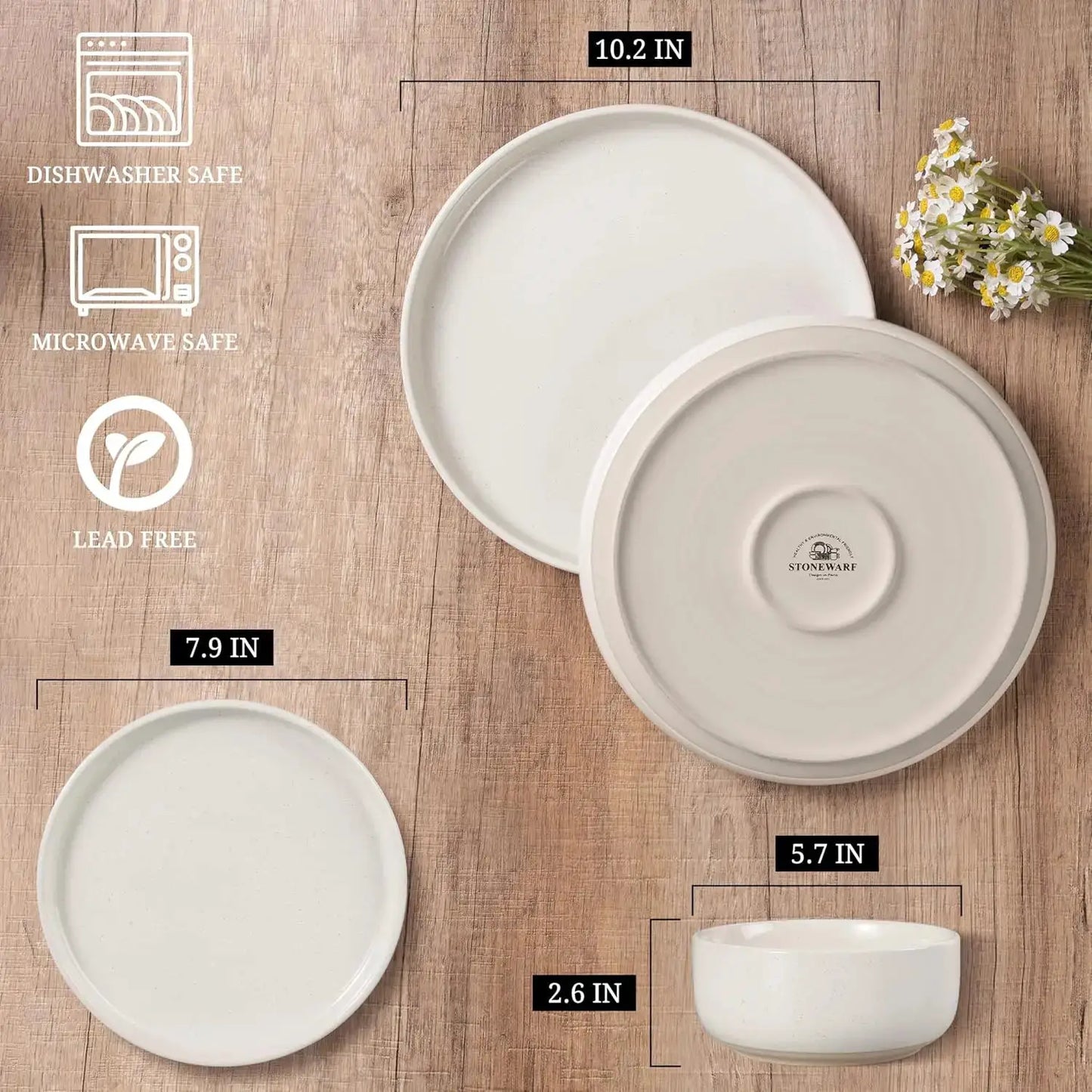 Stoneware Dinnerware Sets, 12-Piece Plates and Bowls Set for 4, Dishes Set for Home Restaurant, Speckled Milky White from PriceLows™