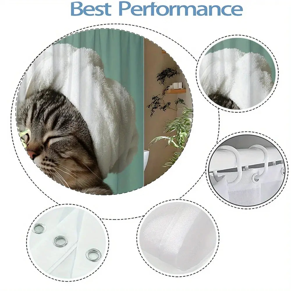 Funny Cat Shower Curtain, Tabby Cat in Bathtub with Wine Glass, Relaxing Spa Theme, Waterproof Bathroom Decor from PriceLows™