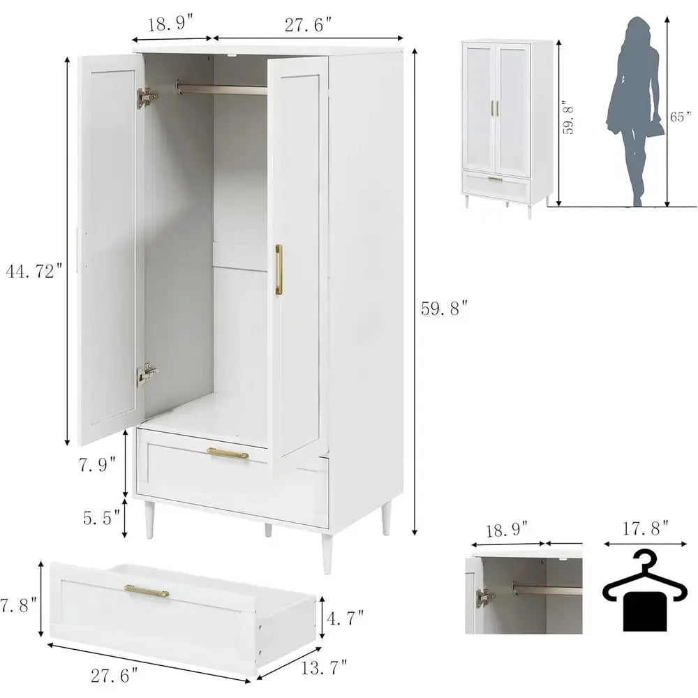 60 Modern 2-Door White Bedroom Wardrobe with Hanging Rod and Storage Cabinet from PriceLows™