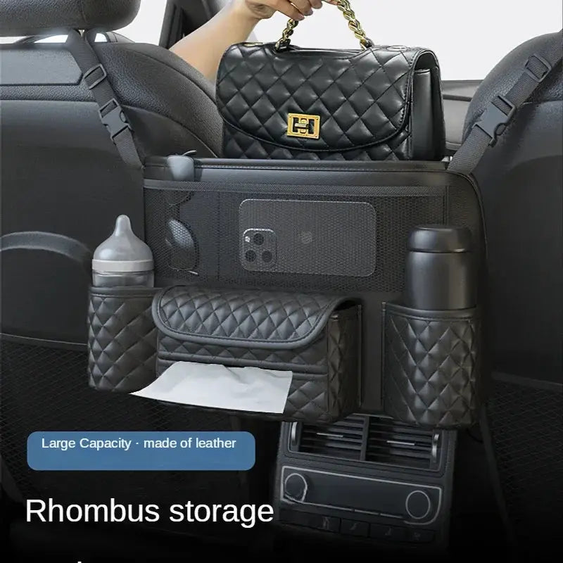 Leather Car Seat Middle Hanger Storage Bag Luxury Auto Handbag Holder Between Seats Tissue Water Cup Pockets Stowing Tidying from PriceLows™