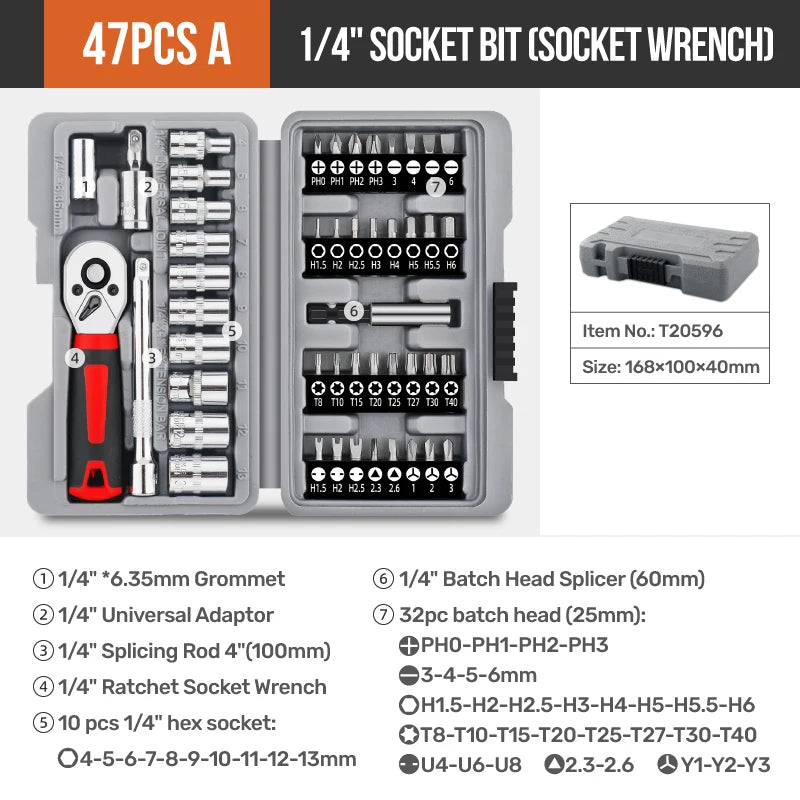 Hi-Spec 1/4" Drive Quick-Release 40 in 1 Ratchet Socket Bit Set Cr-V Steel Phillips/Slotted Screwdrivers for Repair & Hand Tools from PriceLows™