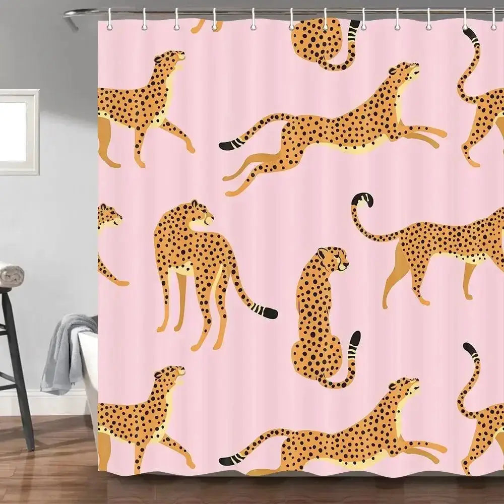 leopard fabric shower curtain, tropical animal cheetah shower curtain for bathroom, pink with hook 180X180CM from PriceLows™