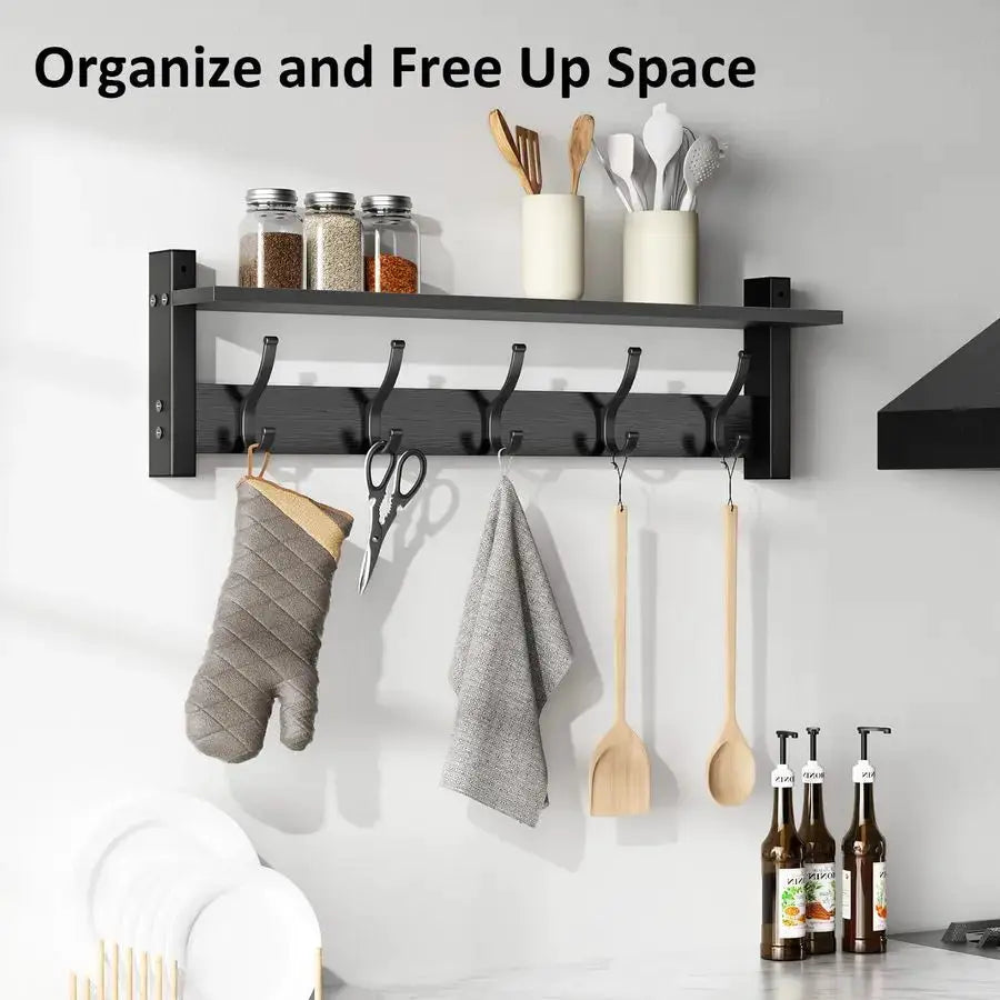 Coat Rack Wall Mount with Shelf, 24 Inch Coat Hanger Walls Mounted, Hat Rack for Walls, Shelf with 5 Coat Hooks, Wall Hanger for from PriceLows™