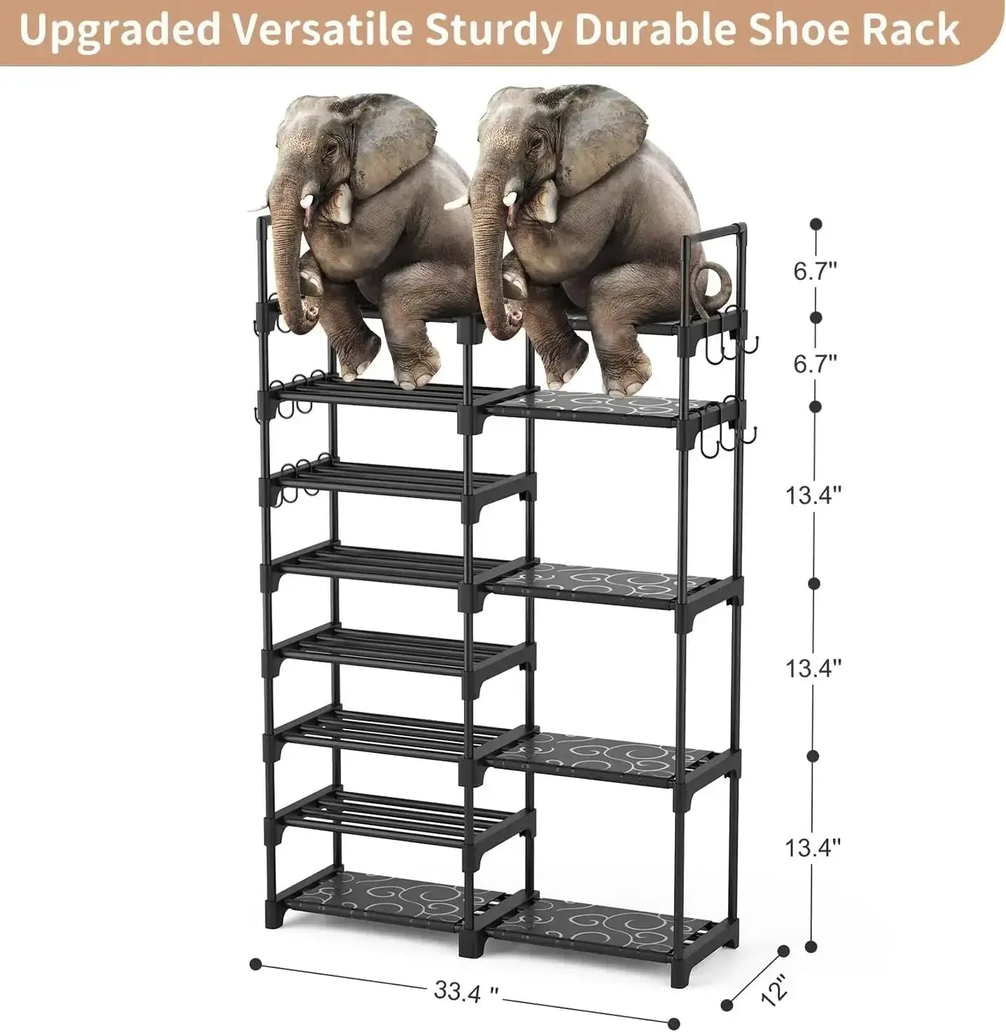 8-Tier Metal Shoe Rack Organizer, 26-32 Pairs Large Capacity Storage, Stackable Shoe Stand with 15 Hooks for Closet Entryway from PriceLows™
