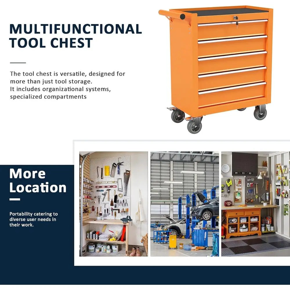 Orange 5-Drawer Metal Rolling Tool Chest with Lockable Cabinet and Wheels for Garage, Workshop, and Repair Shop Storage from PriceLows™