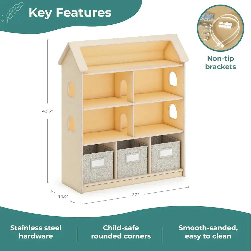 Wooden Kids' Bookcase with Storage Bins for Toys, Books, and School Supplies | Natural Bedroom and Classroom Furniture from PriceLows™