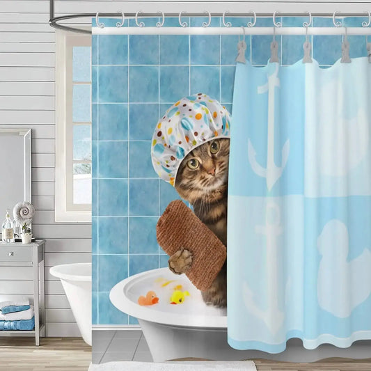Cute Cat Blue Children Shower Curtain Waterproof Washable Polyester Material Bathroom Decorative Curtain with Hook from PriceLows™
