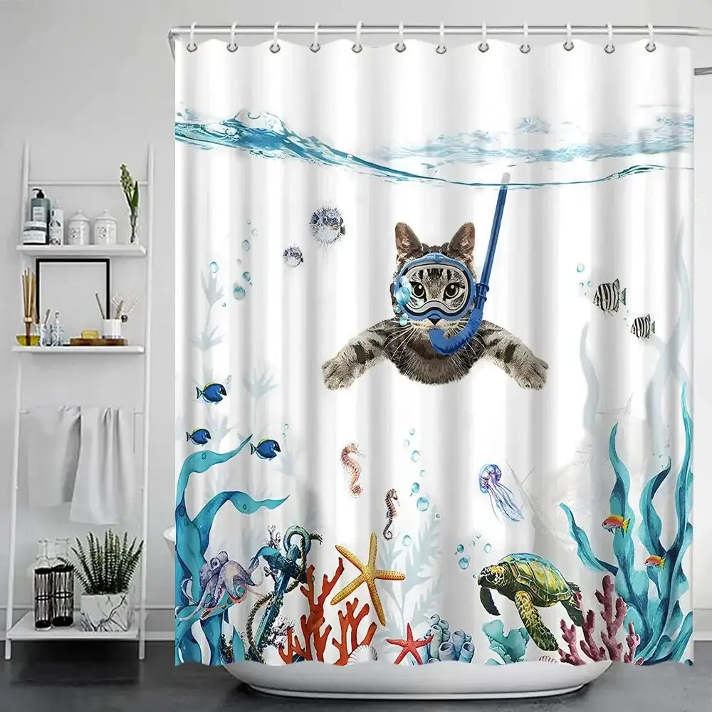 Funny Cat Shower Curtain Fun Animal in Bathtub with Fish Cloth Fabric Shower Curtain Hilarious Pet Bathroom Decor Set with Hooks from PriceLows™