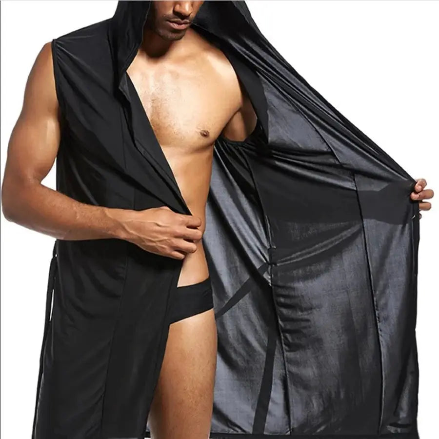 Men Hooded Bathrobe | Sleeveless Cut | Lightweight Mesh | Solid Pattern