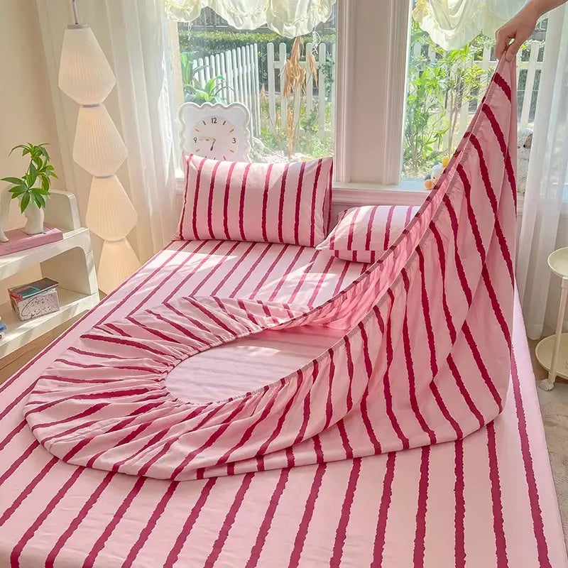 1pc Pink Blue Striped Fitted Sheet Deep Pocket Elastic Mattress Cover Single Double Queen King Bedroom Decor For Girls Boys from PriceLows™
