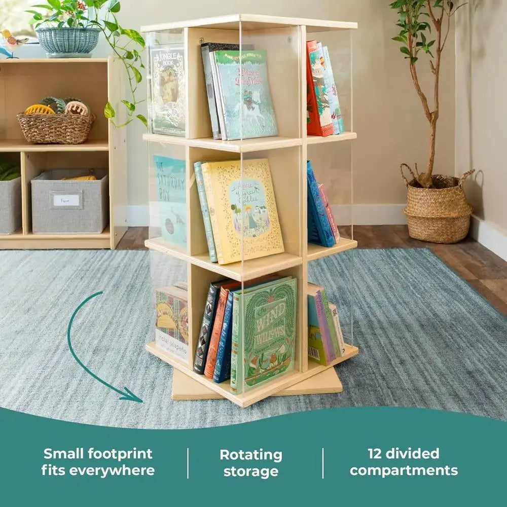 360-Degree Rotating Wooden Bookcase with Acrylic Storage for Kids' Books and Toys from PriceLows™