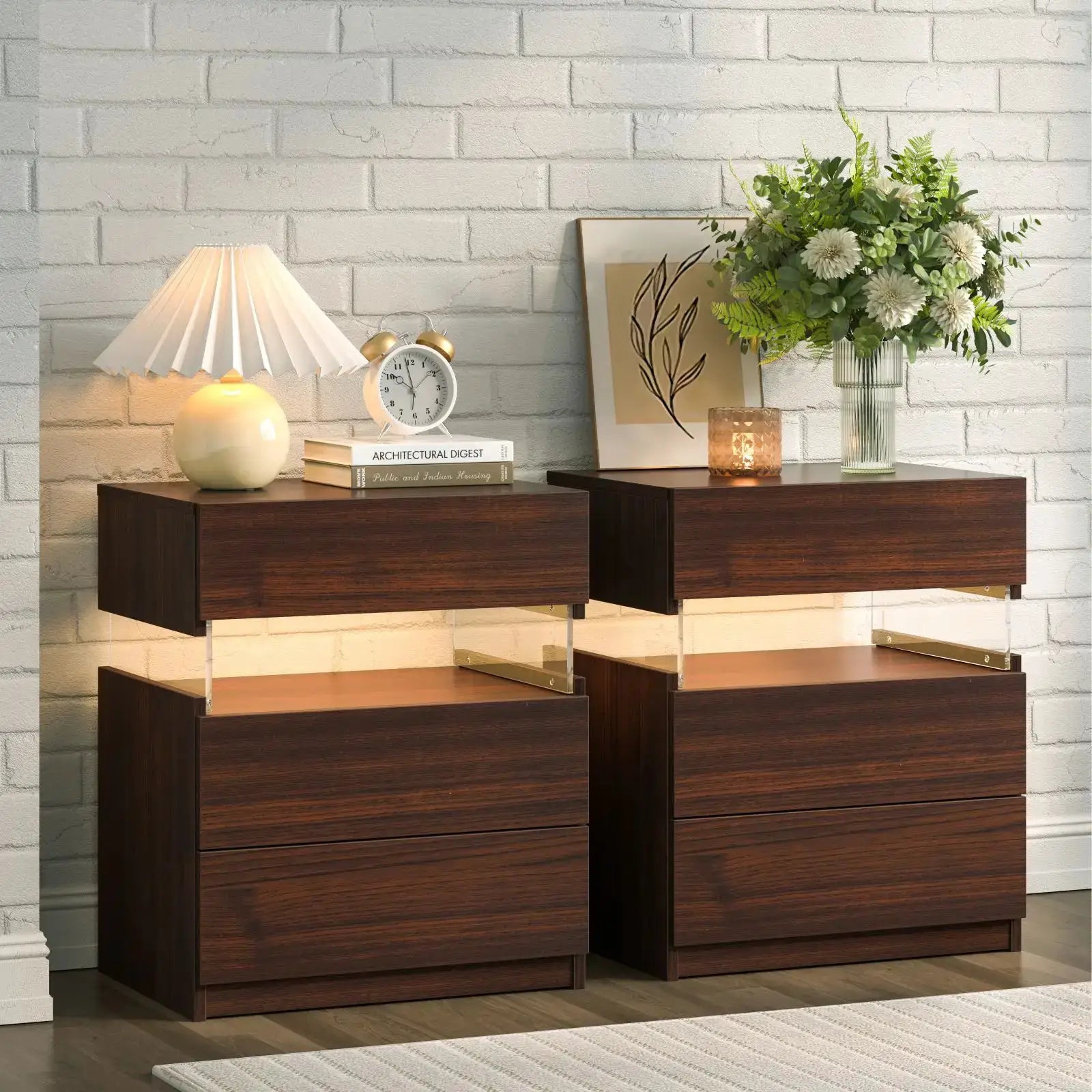 Cubehom Bedside Tables 2 Set with LED Lighting White Bedside Table with 3 Drawers Bedside Table for Bedroom from PriceLows™