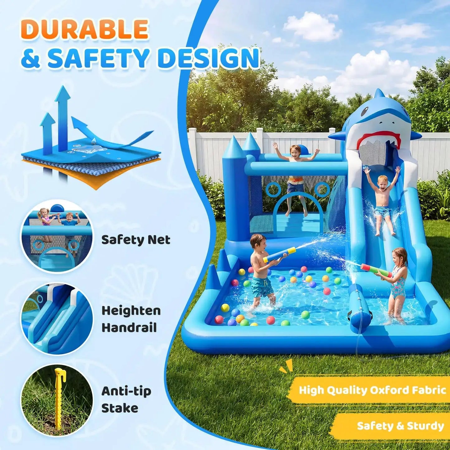 Shark Inflatable Water Park Bounce House With Slide & Blower, Splash Pool, Climbing Wall, Water Cannon, Hoop For Backyard Kids from PriceLows™