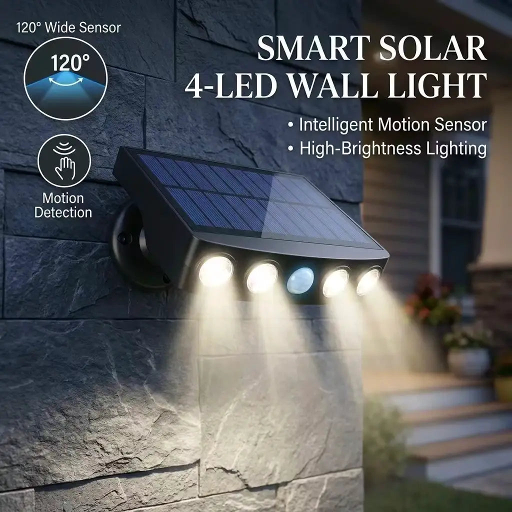 Outdoor Solar Powered Wall Light with Smart Motion Sensor 4 LED High Brightness Warm White Light IP44 Waterproof Wireless Security Light 2200mAh for Courtyard Porch Garage Fence Garden Eco-Friendly American Home Outdoor Light from PriceLows™