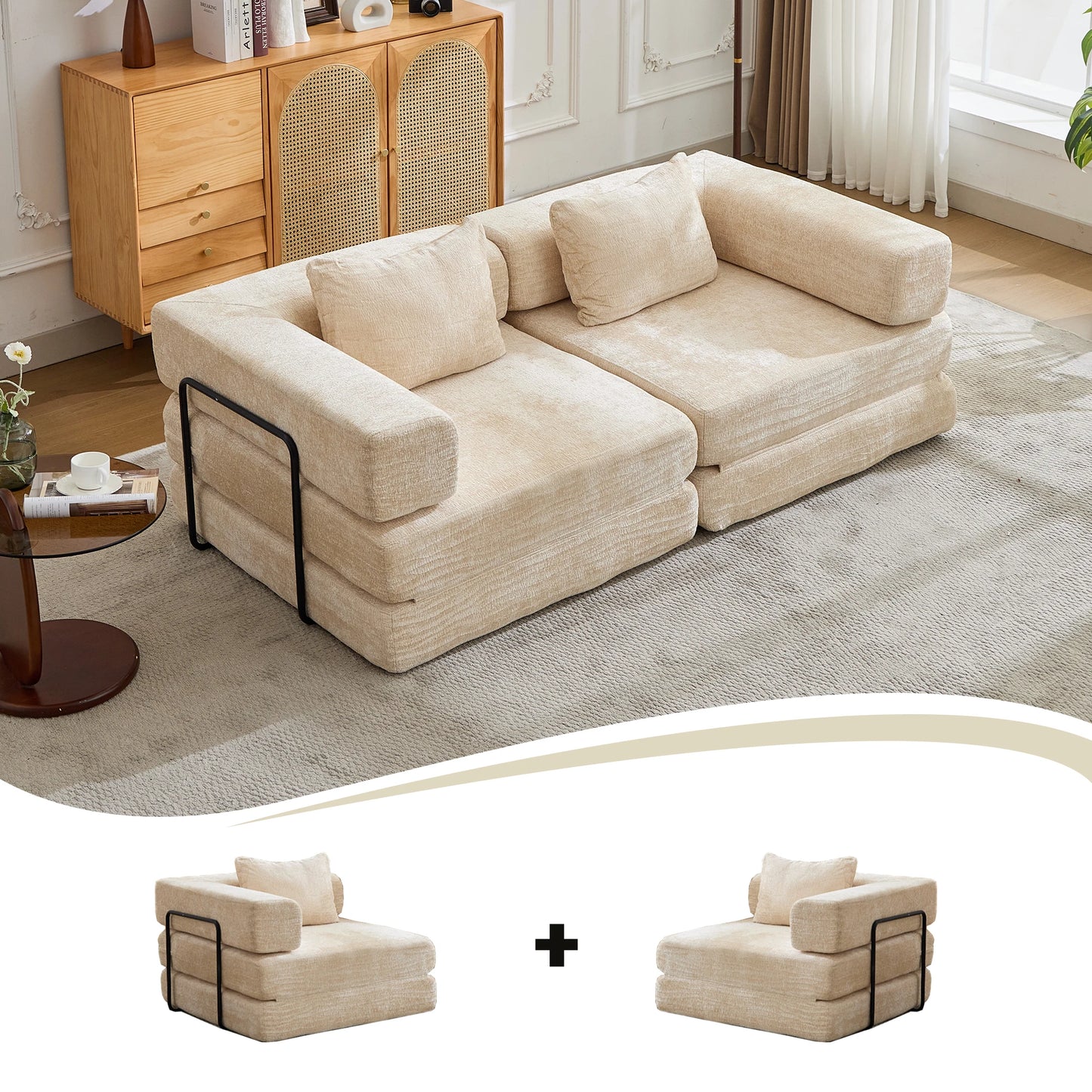 Convertible Sofa Bed | Wood Frame | Chenille Fabric | Beige
