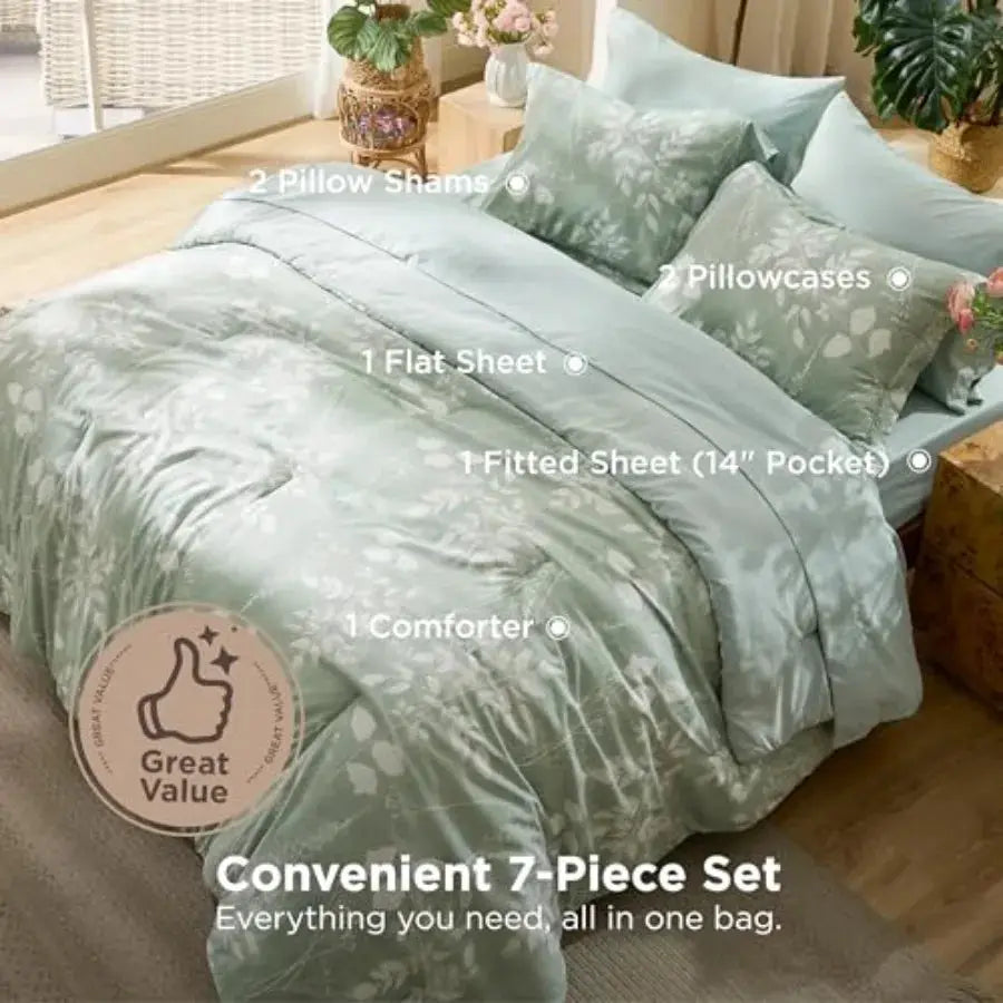 Comforter Set - 7 Pieces Floral Sage Green GentleSoft™ Bedding Sets Bed in a Bag with Botanical Flowers Winter Comforter Sheets from PriceLows™