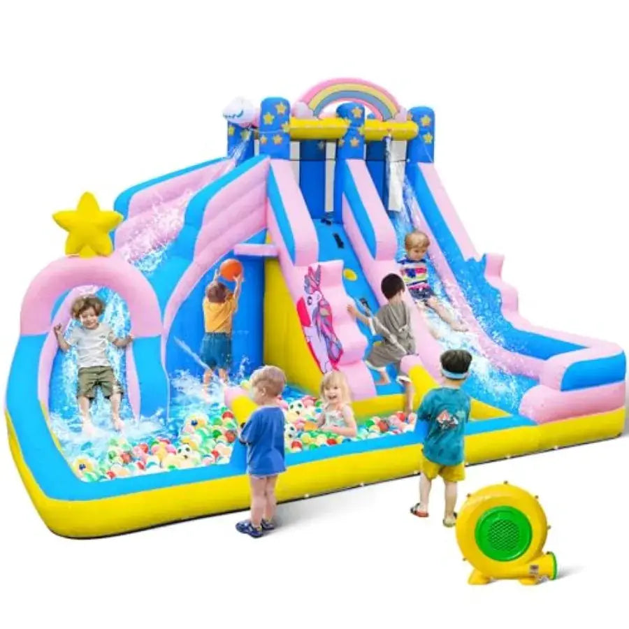 Inflatable Water Slide: 6-in-1 Bounce House Water Park for Outdoor Backyard Birthday Party PVC, Blue/Red, Heavy-Duty Vinyl with from PriceLows™