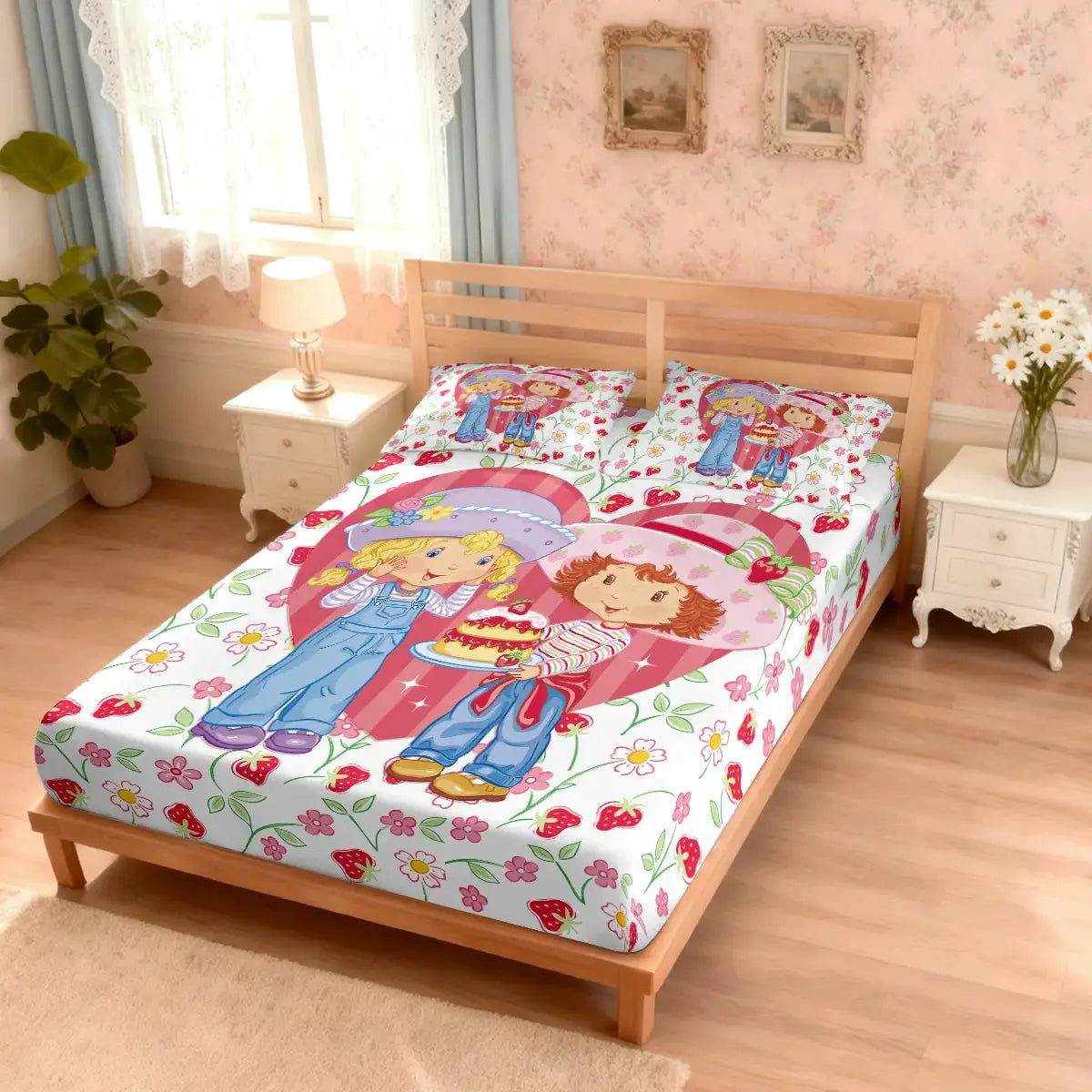 3pcs Pink Strawberry Girl Printed Chipless Bed Sheet Set Multi Size Soft Bed Cover Bedroom Bedding Decoration from PriceLows™