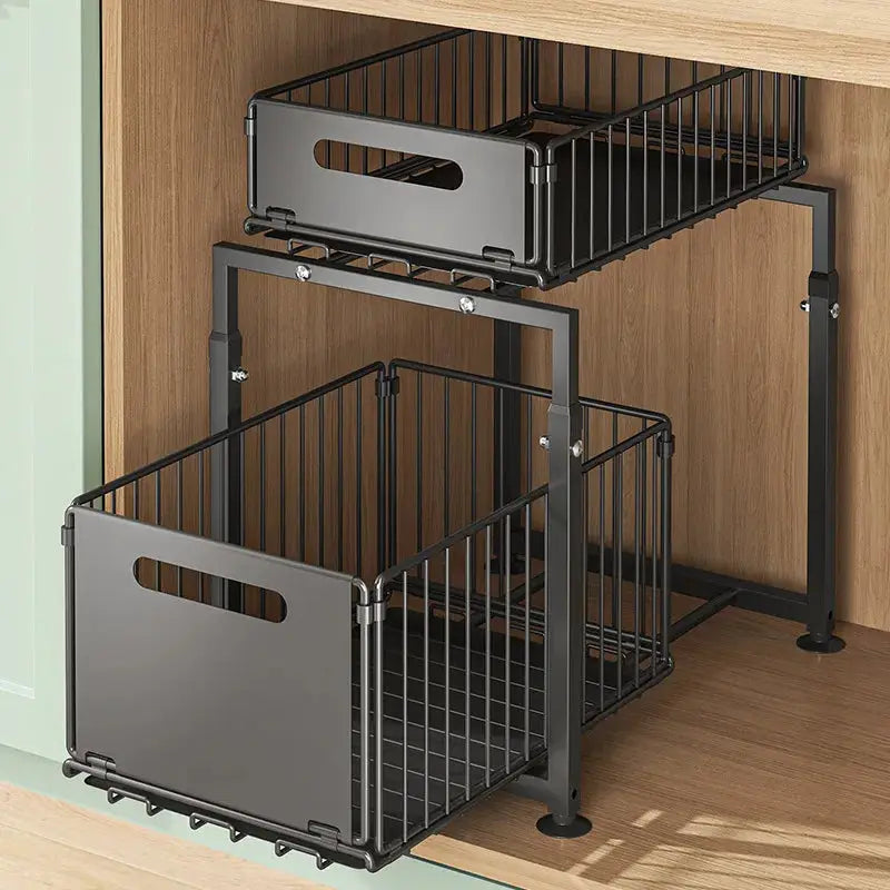 2 Tier Slide Out Cabinet Organizer Heavy Duty, Under Sink Storage Shelf for Kitchen Bathroom, Adjustable Metal Shelf 1/2 Pack from PriceLows™