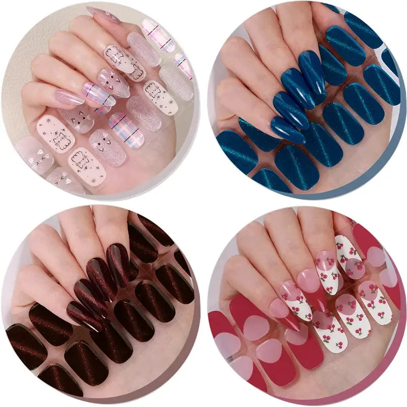 16strips Cartoon UV/LED Semi Cured Gel Nail Strips Pink Glitter Cat Eye Self-Adhesive Gel Nail Wraps Full Cover UV Nail Sticker from PriceLows™